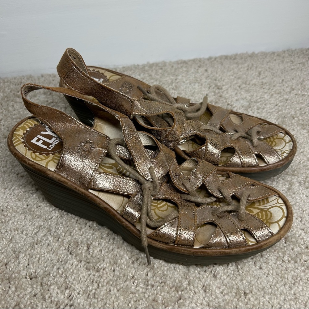 Fly London | Bronze Leather Lace Up Sandal Wedges Size 39